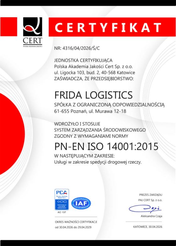 Certyfikat PN-EN ISO 14001:2015