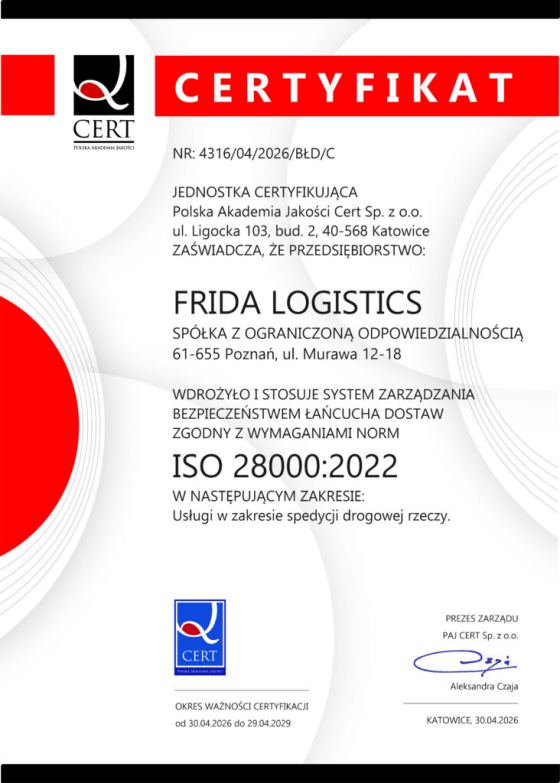Certyfikat ISO 28000:2022