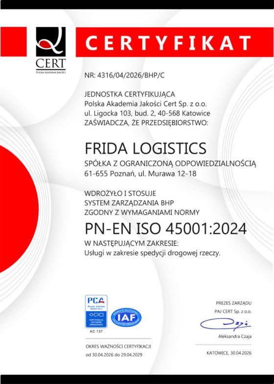 Certyfikat PN-EN ISO 45001:2024
